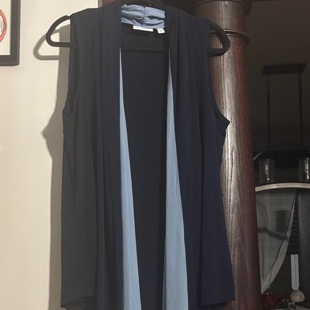 Susan Graver Navy with Light Blue Trim Sleeveless Open-Front Vest